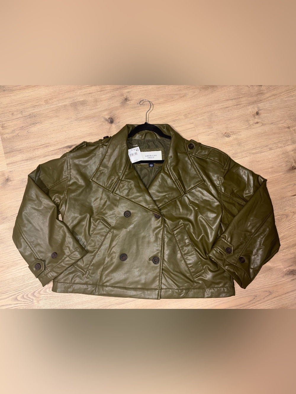 American Eagle Olive Green Faux Leather Double Breasted Jacket NWT